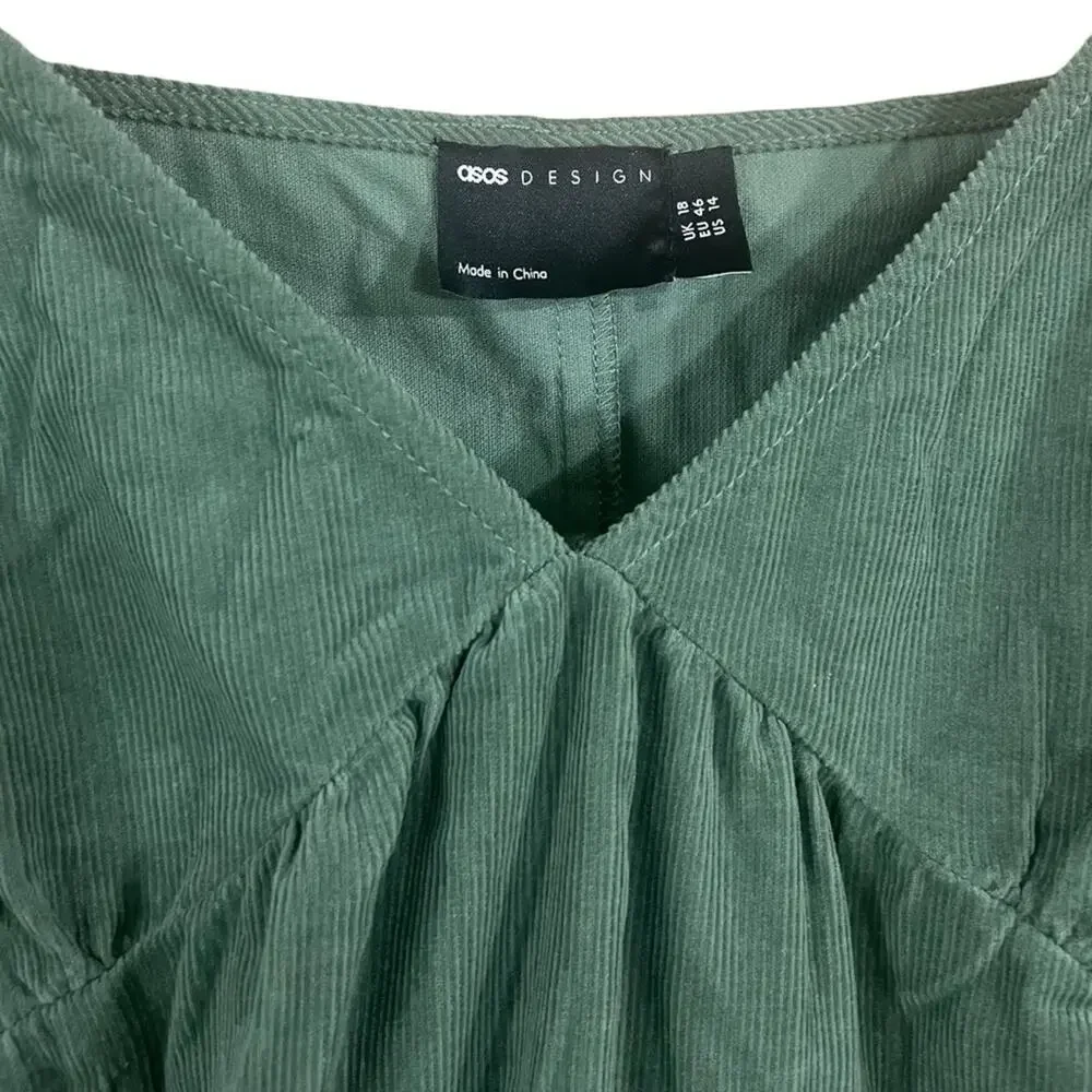 ASOS DESIGN tiered cord babydoll midi smock dress in green khaki SIZE 14 - Picture 3 of 7